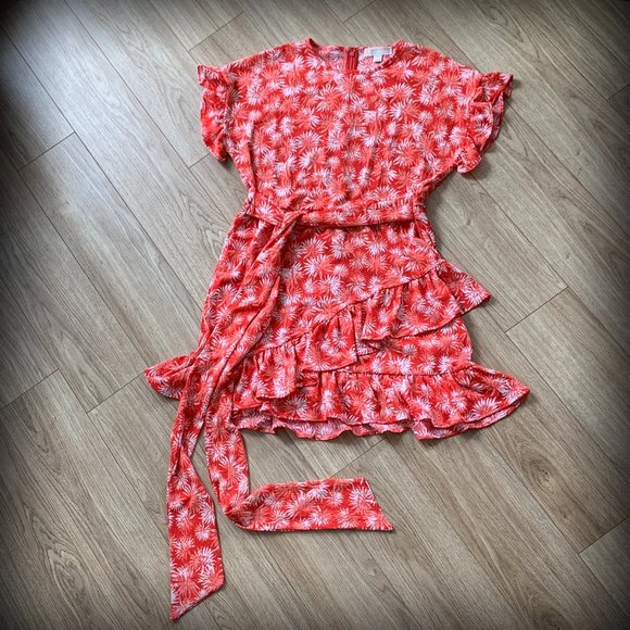 Michael Kors Red Ruffled Dress Floral Pattern - Size M - Picture 2 of 9